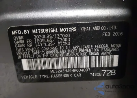 2017 Mitsubishi Mirage Es from USA, damaged, VIN ML32A3HJ9HH004097